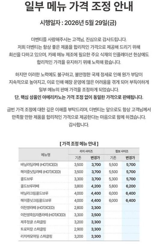 더벤티가 오는 29일부터 아메리카노를 제외한 일부 음료 가격을 100∼500원 인상한다 사진더벤티 홈페이지