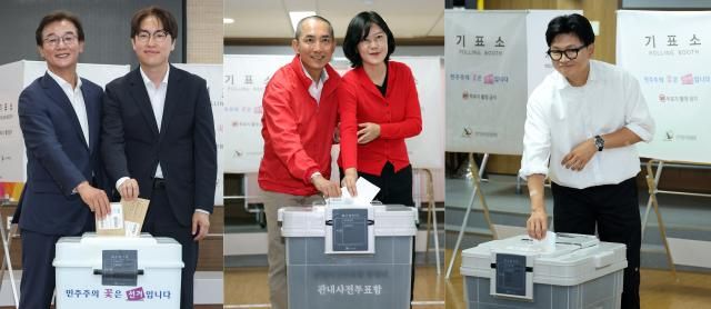 6·3 선거 최대 관심지로 꼽히는 부산 북갑 국회의원 보궐선거 후보들이 사전투표 첫날인 29일 일제히 소중한 한표를 행사했다 사진연합뉴스