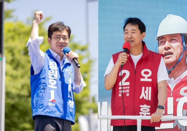 31일 서울 시내에서 유세 중인 서울시장 정원오 더불어민주당 후보왼쪽와 오세훈 국민의힘 후보 사진각 후보 캠프