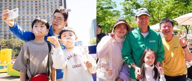 5일 오후 서울 중구 서울광장에서 열린 어린이날 축제에서 서울시장 정원오 더불어민주당 후보왼쪽 사진 가운데와 오세훈 국민의힘 후보오른쪽 사진 뒷줄 가운데가 행사 참석자들과 기념사진을 찍고 있다 사진각 후보 선거사무소 제공