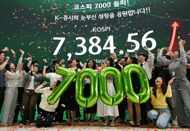 코스피가 전장보다 44757포인트645 오른 738456으로 마감하며 종가 기준 역대 최고치를 경신한 6일 오후 서울 중구 하나은행 딜링룸에서 직원들이 축하 세리머니를 하고 있다 사진연합뉴스