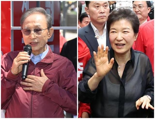 왼쪽부터 이명박 전 대통령과 박근혜 전 대통령이 각각 지난 31일 박형준 국민의힘 부산시장 후보 추경호 국민의힘 대구시장 후보를 지원하고 있다 사진연합뉴스