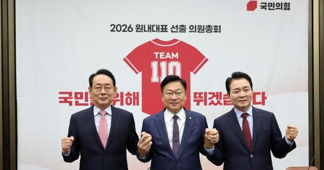 국민의힘 원내대표 선거에 출마한 김도읍왼쪽부터 성일종 정점식 의원이 10일 국회에서 열린 원내대표 선출 선거 의원총회에서 기념촬영을 하고 있다 사진연합뉴스