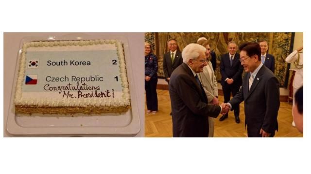 이탈리아를 국빈 방문 중인 이재명 대통령이 12일현지 시간 숙박 중인 호텔 측으로부터 선물받은 케이크 사진청와대 이재명 대통령이 12일현지 시간 이탈리아 로마 대통령궁에서 열린 공식 환송식에서 세르지오 마타렐라 대통령과 인사를 나누고 있다 사진연합뉴스