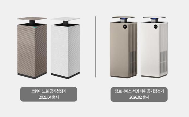 코웨이 노블 공기청정기와 청호나이스 서밋타워 공기청정기 비교 사진코웨이