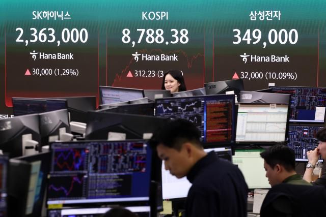 코스피가 전장보다 31223포인트368 오른 878838에 장을 마치며 종가 기준 사상 최고치를 경신한 지난 1일 서울 하나은행 본점 딜링룸에서 딜러들이 업무를 보고 있다 사진연합뉴스