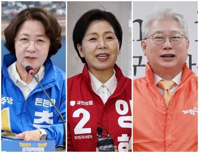 왼쪽부터 추미애 더불어민주당 경기지사 후보 양향자 국민의힘 후보 조응천 개혁신당 후보 사진연합뉴스