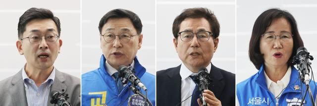 왼쪽부터 이학인 정근식 한만중 홍제남 서울시교육감 후보가 26일 서울 용산구 서울시교육청에서 공약 발표를 하고 있다 사진연합뉴스