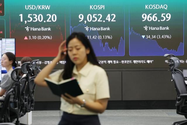 19일 서울 중구 하나은행 본점 딜링룸 전광판에 원달러 환율 코스피 코스닥 지수가 표시돼 있다 이날 코스피는 전장보다 1142포인트013 내린 905242로 코스닥은 3434포인트343 내린 96659로 마감했다 사진연합뉴스