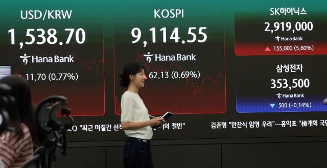 22일 서울 중구 하나은행 딜링룸 현황판 사진연합뉴스