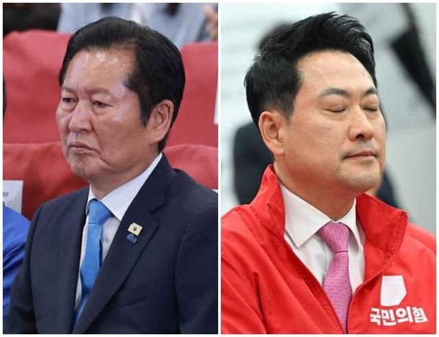 정청래 더불어민주당 대표와 장동혁 국민의힘 대표가 개표상황실에서 출구조사 결과를 바라보고 있다 사진연합뉴스
