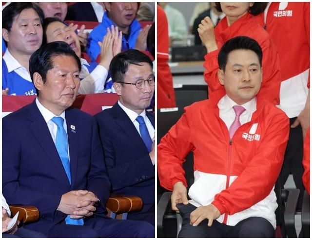 정청래 더불어민주당 대표왼쪽와 장동혁 국민의힘 대표가 지난 3일 6·3 지방선거 출구조사 결과를 지켜보고 있다 사진연합뉴스