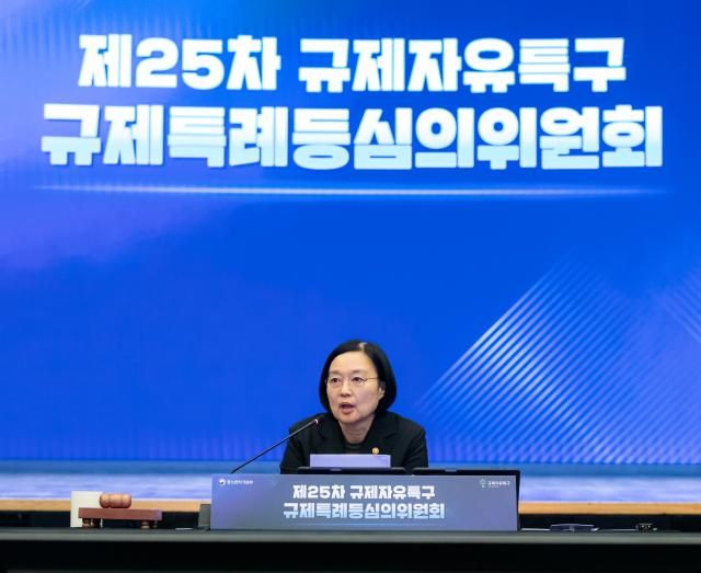 한성숙 중소벤처기업부 장관이 지난 4일 서울 중구 대한상의 국제회의장에서 열린 제25차 규제자유특구 규제특례등심의위원회에서 발언하고 있다 사진연합뉴스