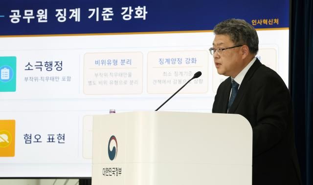 천지윤 인사혁신처 윤리복무국장이 23일 세종시 정부세종청사에서 열린 공무원 징계령 시행규칙 개정안 관련 입법예고 브리핑에서 소극행정 징계 강화 등 주요 내용을 설명하고 있다 사진인사혁신처 
