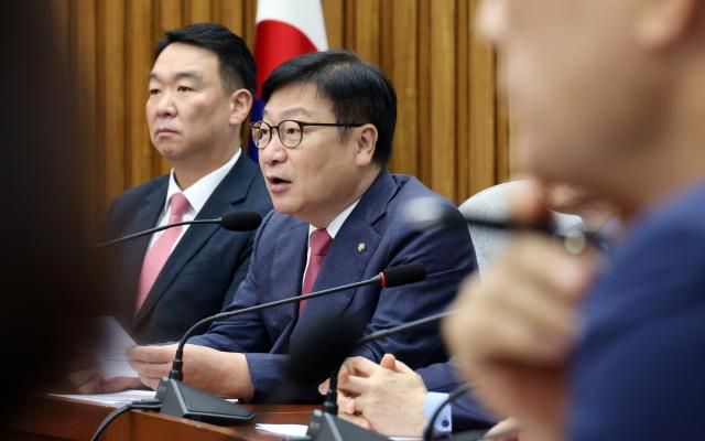 정점식 국민의힘 원내대표가 28일 국회에서 열린 원내대책회의에서 발언하고 있다 사진연합뉴스