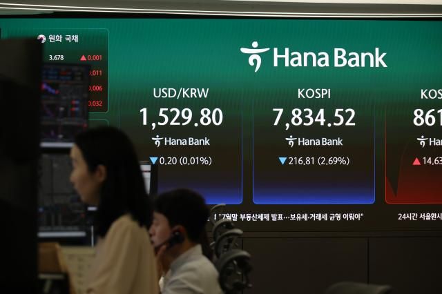7일 서울 중구 하나은행 본점 딜링룸 현황판에 코스피와 원달러 환율이 표시되고 있다 사진연합뉴스