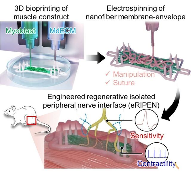 본 연구를 통해 개발된 신경-근육 재생 구조체(eRIPEN)의 제작 이미지.본 연구는 자가 신경 이식을 통해 기능적인 신경 및 근육 재생이 가능함을 확인했으며, 통증 억제에도 효과적이며 운동/감각 기능의 동시적 효과를 기대할 수 있는 신개념의 신경-근육 재생 구조체를 개발했다는 데에 창의성과 혁신성이 높음.