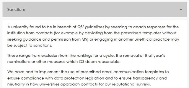 QS가 평판도 조사와 관련해 대학의 비윤리적 행위를 제재하는 내용의 방침이다. (사진=QS 홈페이지 캡처)