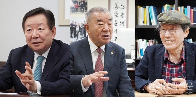 윤석열 전 대통령 파면 이후 대한민국은 정치적 혼란과 깊은 사회적 분열을 겪고 있다.&nbsp;교육계 원로 3인은 정치 양극화와 이념적 대립을 극복하고 사회통합을 통한 미래지향적 대한민국으로 나아가야 한다고 강조했다. (사진 왼쪽부터) 성낙인 자녀안심 국민재단 이사장(전 서울대 총장)·이기수 한국법학원 원장(전 고려대 총장)·한상진 중민재단 이사장(서울대 명예교수). (사진=한명섭 기자)