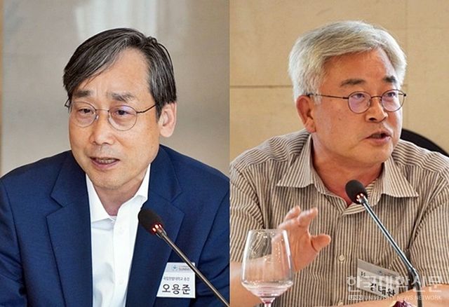 (왼쪽부터) 오용준 국립한밭대 총장, 김태완 한경국립대 부총장. (사진=한명섭 기자)
