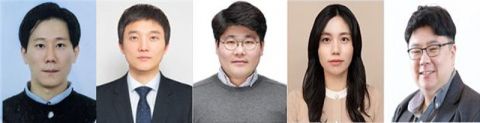 왼쪽부터 한국과학기술연구원 생체재료연구단 최성근 박사(前 서울대학교 재료공학부 박사과정), 경상국립대학교 약학대 김성찬 교수, 광운대학교 전자융합공학과 김정현 교수, 한국과학기술연구원 생체재료연구단 이효진 책임연구원, 서울대학교 재료공학부 강승균 교수