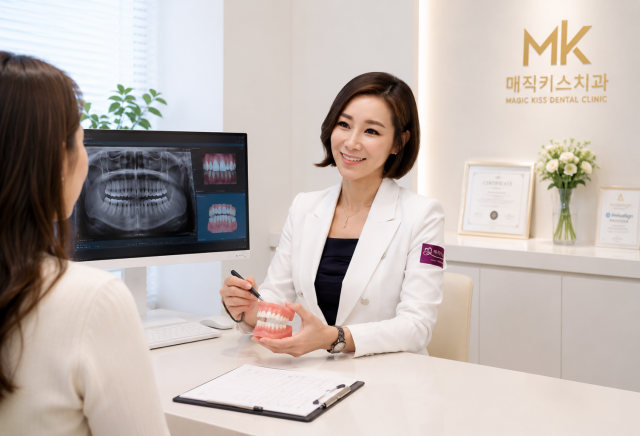스마일라인 1:1 치료계획에 대해 정밀진단 상담 중인 정유미 원장. 정 원장은 환자와 1시간 이상 상세한 상담을 진행한다