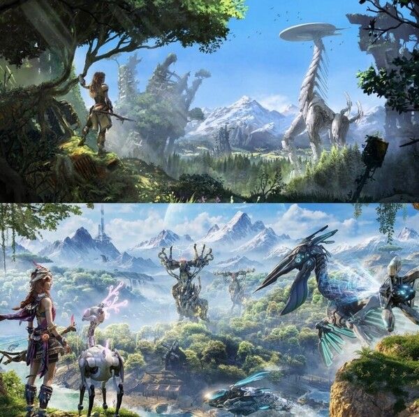 호라이즌 제로던(위)과 라이트 오브 모티람(아래)의 콘셉트 아트 비교.