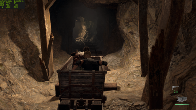 ▲&nbsp;바이오 하자드 RE:4 광차 구간으로 성능을 측정했다. 1920x1080 성능 우선(최소 옵션) 기준이다