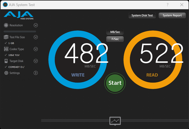 ▲ AJA System Test로 영상 파일 제작 시 속도를 확인했다.&nbsp;