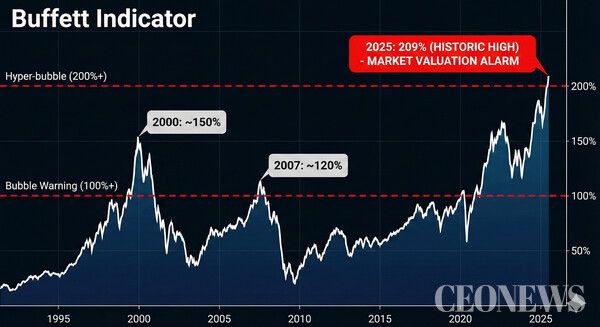 버핏지표가 209%로 2000년 닷컴버블과 2008년 금융위기를 넘어서 경고등이 켜진 상황에서2026년 자산 시장의 흐름에 관심이 집중될 것으로 보인다.