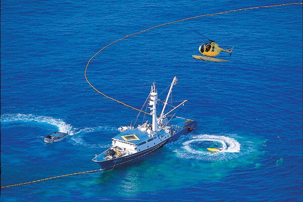 한 원양어선이 바다에서 조업을 하기 위해 선망 작업을 하고 있다