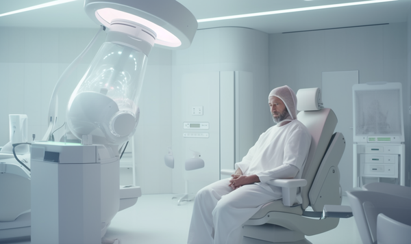 그래픽=미래 의료 기술, 암치료를 받기 위해&nbsp; 진료실에서 대기하고 있는 환자 (센머니 제작)