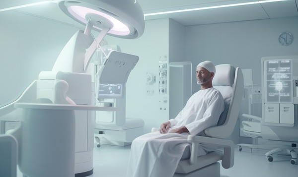 그래픽=미래 의료 기술, 암치료를 받기 위해&nbsp; 진료실에서 대기하고 있는 환자 (센머니 제작)