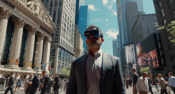 사진=엔지니어가 AR기어를 착용하고 월스트리트 거리를 바라보고 있다 (센머니 제작)