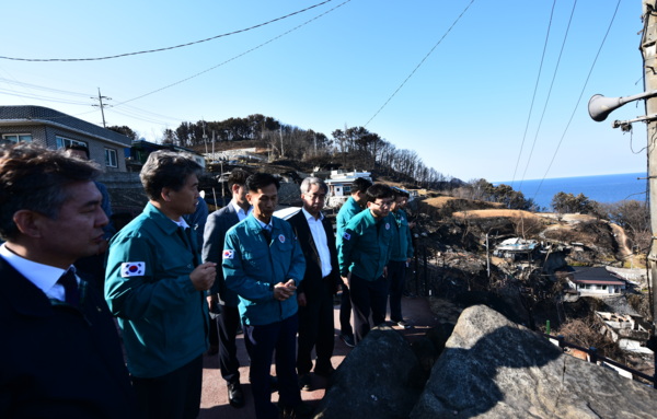 사진=&nbsp;1일 송명달 해양수산부 차관(사진 왼쪽 세번째)과 김기성 수협 대표이사(사진 왼쪽 네번째)가 영덕 산불피해 현장을 방문해 현지 상황을 살펴보고 있다.
