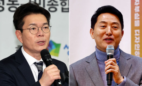 지방선거를 100여일 앞둔 22일 정원오 성동구청장은 성동구민종합체육센터에서 열린 제2회 성동구청장배 전국 어린이 바둑대회에 참석해 축사를 하고 있다. 오세훈(오른쪽 사진) 서울시장이 마포구 청년문화공간JU에서 열린 본인의 '시민의 자부심을 디자인하다' 출간기념회에서 발언을 하고 있다. 뉴시스