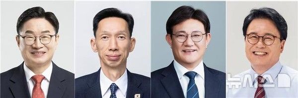 6월3일 실시하는 제9회 전국동시지방선거 후보 등록 첫날인 지난 14일 경남도선관위에서 교육감선거 후보 등록을 마친 권순기(왼쪽부터), 김준식, 송영기, 오인태 후보.뉴시스