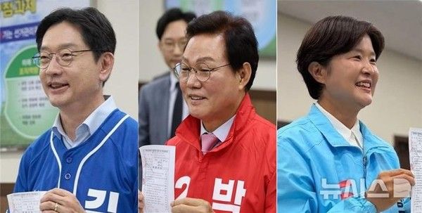 지난 14일 경남도선관위에서 경남도지사 후보 등록을 마친 더불어민주당 감경수(왼쪽부터), 국민의힘 박완수, 진보당 전희영 후보. 뉴시스