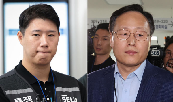 삼성전자 사측 대표교섭위원인 여명구(오른쪽) DS(디바이스솔루션·반도체 사업 담당) 피플팀장과 삼성그룹 초기업노동조합 삼성전자지부 최승호 위원장이 20일 정부세종청사 중앙노동위원회에서 노사협상 결렬에 따른 입장을 밝힌 뒤 협상장을 떠나고 있다. 뉴시스