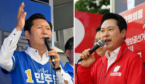 정청래 더불어민주당 총괄상임선거대책위원장과 장동혁 국민의힘 상임선거대책위원장이 24일 각각 전남지역과 인천지역에서 유세 활동을 이어갔다. 사진은 정청래 위원장이 전남 담양시장에서, 장동혁 위원장이 인천 연수 옥련시장에서 유세를 하는 모습. 뉴시스