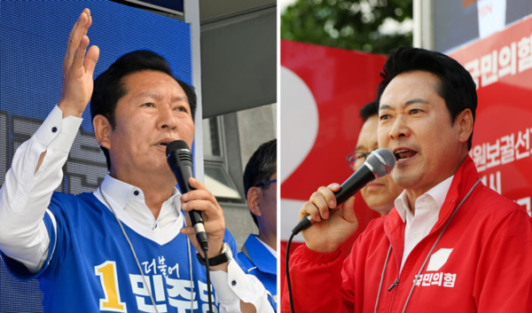 정청래 더불어민주당 총괄상임선거대책위원장과 장동혁 국민의힘 상임선거대책위원장이 24일 각각 전남지역과 인천지역에서 유세 활동을 이어갔다. 사진은 정청래 위원장이 전남 담양시장에서, 장동혁 위원장이 인천 연수 옥련시장에서 유세를 하는 모습. 뉴시스