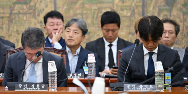 정몽규 전 대한축구협회장과 홍명보 전 축구 국가대표팀 감독이 30일 서울 여의도 국회에서 열린 문화체육관광위원회의 대한축구협회 현안 관련 청문회에 참석해 있다. 뉴시스