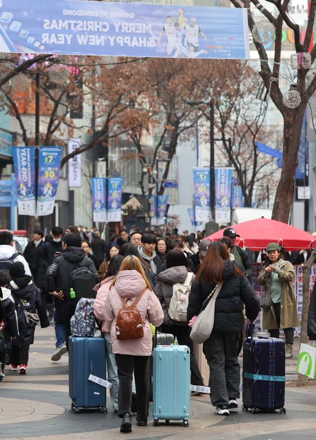30일 서울 중구&nbsp;명동길을 찾은 외국인관광객들이 이동하고 있다. 달러 강세와 탄핵정국으로 침체된 여행업계에 제주항공 참사까지 이어지며 여행·관광 시장 자체가 얼어붙을 것이라는 전망이 나온다. (사진 제공 = 연합뉴스)