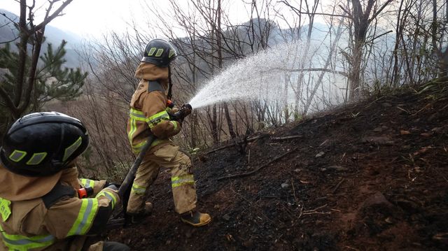 119 소방대원이 27일 오후 경남 산청군 시천면 동당리 한 산에서&nbsp;산불을 진화하고 있다.(사진=연합뉴스)