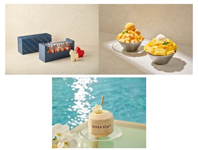 (좌측부터)&nbsp;신라스테이 이호테우 샌드,&nbsp;망고 빙수와 파인애플 빙수,&nbsp;코코넛 주스. (사진=신라스테이)