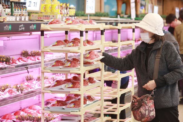 정부가 축산물 산지 가격 하락이 소비자 물가에 제대로 반영되지 않는 유통 구조를 전면 손질한다. 도축부터 가공·판매까지 이어지는 복잡한 단계를 효율화해 비용을 줄이고, 생산·유통 전반의 구조 개선을 통해 합리적인 가격 체계를 구축한다는 구상이다. 사진은&nbsp;서울 시내 한 대형마트 정육코너에서 시민이 장을 보고 있는 모습. (사진=연합뉴스)