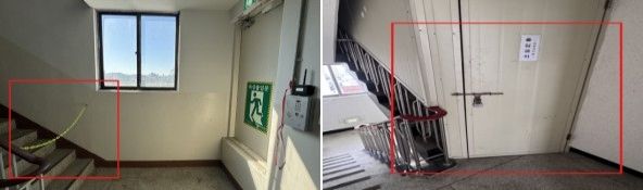 옥상광장이 최상층의 아래층인 경우 최상층 출입관리 사례.&nbsp;체인을 설치해 출입을 차단하거나,&nbsp;벽·문을 설치해 출입 차단한 경우. (소비자원 제공)