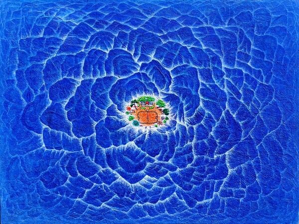 떨기나무-처음사랑 Thorn Tree-First love /작가 이경성 Lee Kyung Sung/ 캔버스에 소멸침식기법 / SIZE 크기 163cm×123cm이경성 작가의 모든 작품의 정중앙에는 항상 초등학교가 등장하며, 교문은 사람의 탄생을, 운동장은 살아가는 인생을, 교정에 펄럭이는 깃발은 죽음 이후의 사후세계를 상징한다.