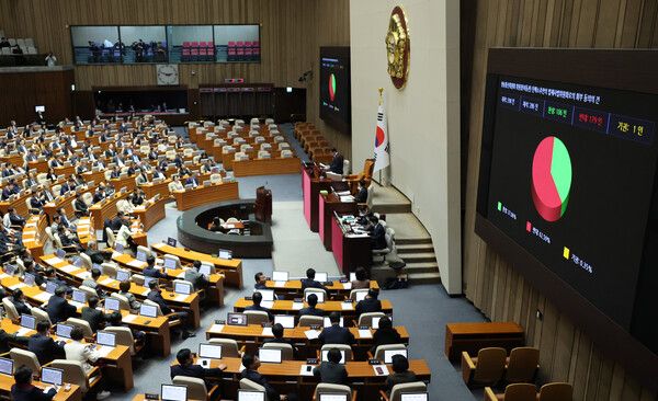 30일 국회&nbsp;본회의에서 이동관 방통위원장 탄핵안 법사위 회부 동의 건 투표 결과가 나오고 있다. [사진=연합뉴스]