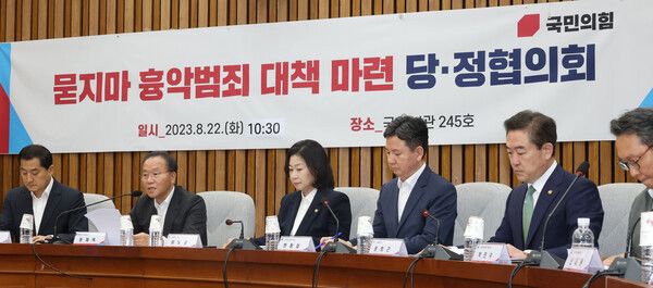 22일 국회에서 열린 '묻지마 흉악범죄 대책 당정협의회'에서 국민의힘 윤재옥 원내대표가 발언하고 있다. [사진=연합뉴스]